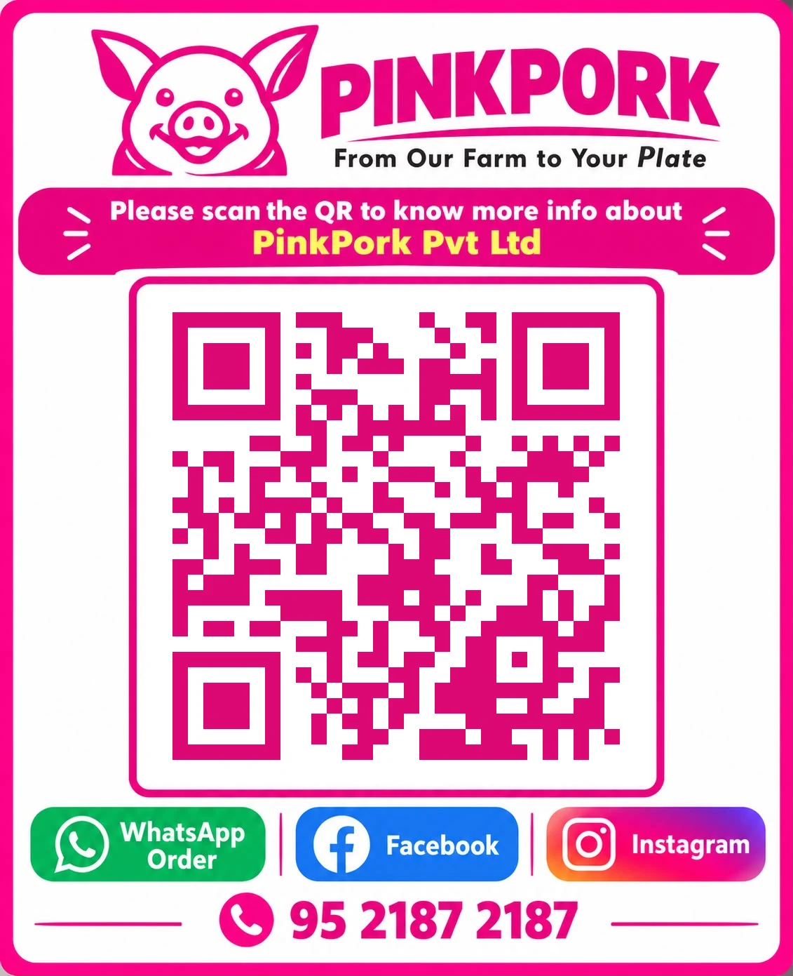 PinkPork QR card — scan to open pinkpork.in, with WhatsApp order, Facebook, Instagram and phone 95 2187 2187