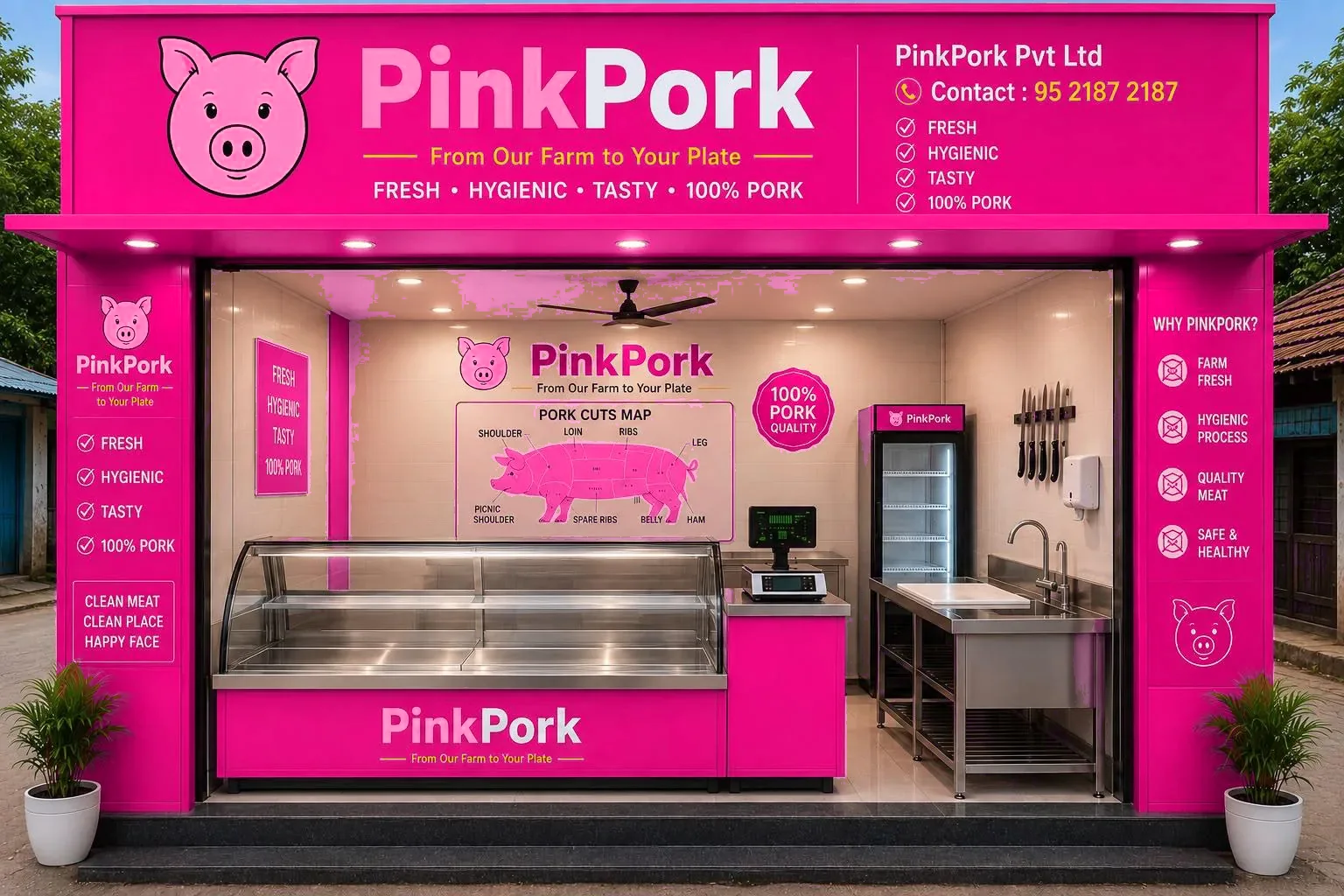 Inside the PinkPork store — stainless steel display counter, pork cuts map and clean tiled preparation area
